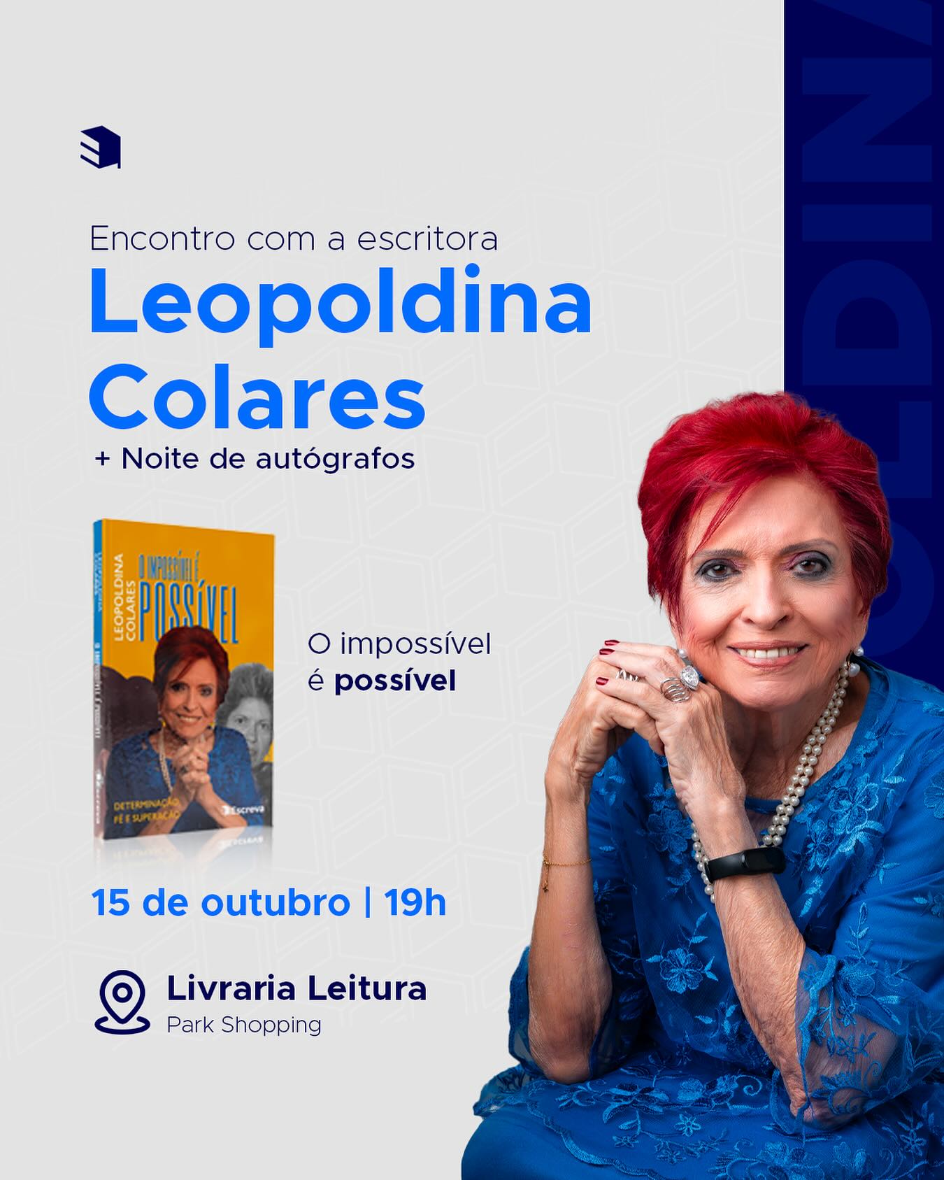 💥AGENDA

A escritora Leopoldina Colares receberá leitores para uma conversa sobre determinação, fé e resiliência e noite de autógrafos da obra O impossível é possível na Livraria Leitura e você é o nosso (a) convidado(a).

📚Data: 15 de outubro de 2024
✅Horário: 19h
📍Local: @leiturabrasilia do ParkShopping